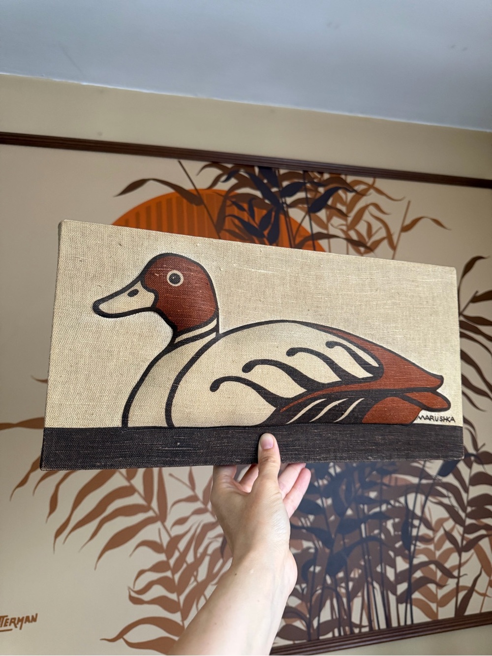 VTG Marushka Pintail Duck Canvas Screen Print Wall Art Mid Century 1970s